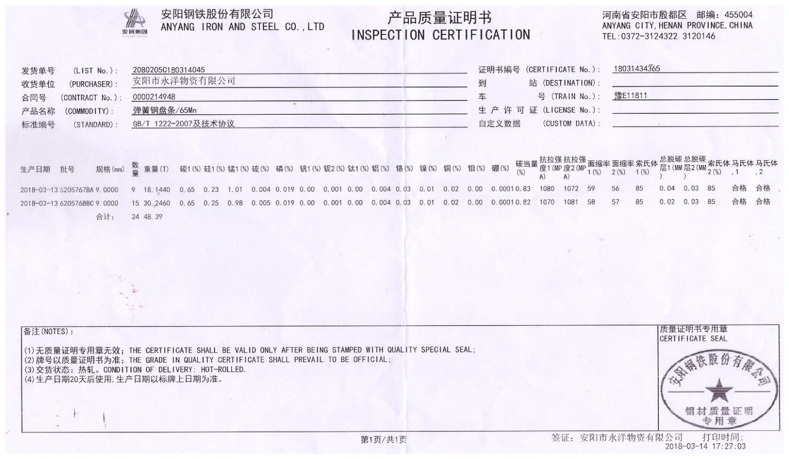 Steel Raw Matrial Certificate