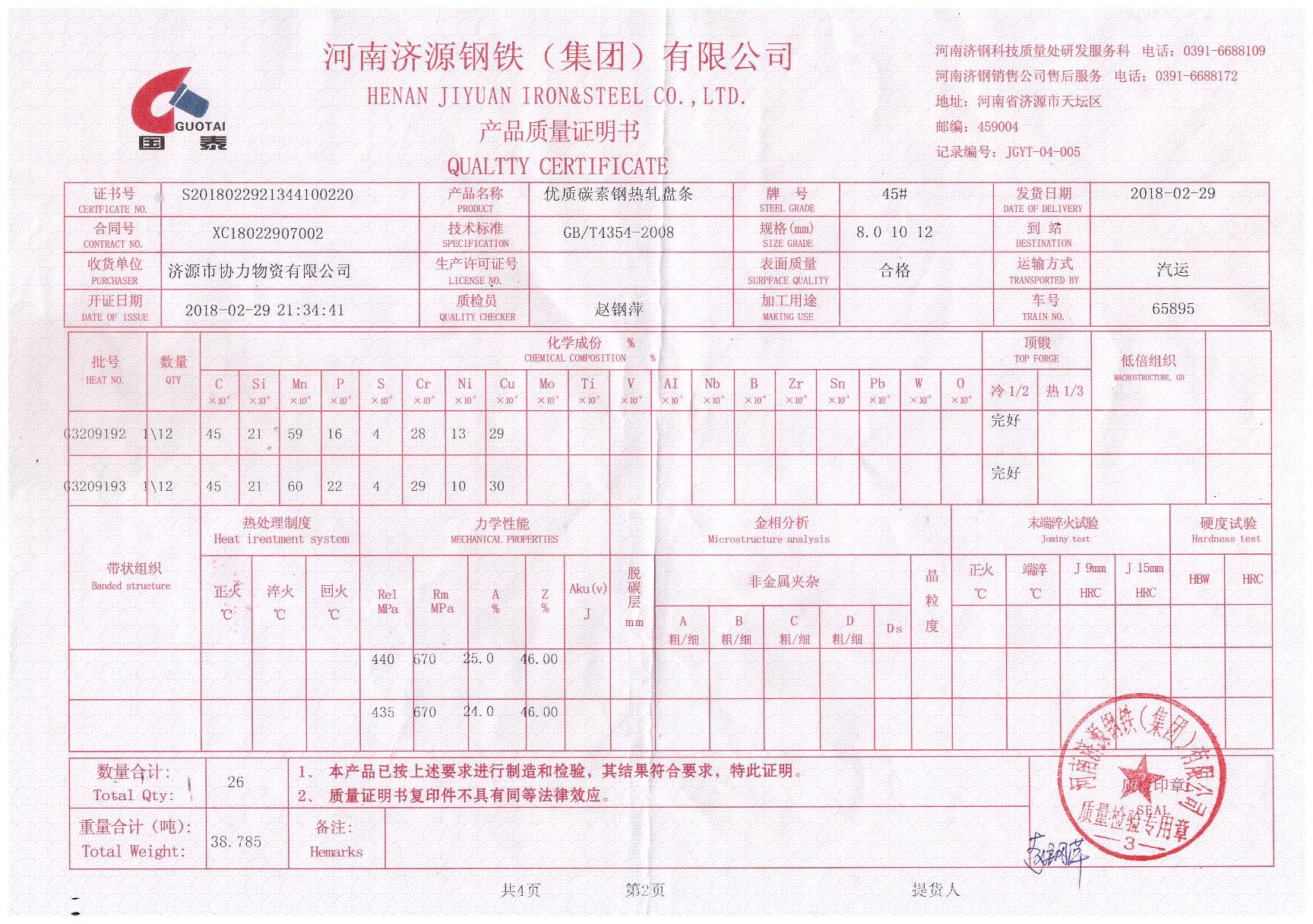 Steel Raw Matrial Certificate